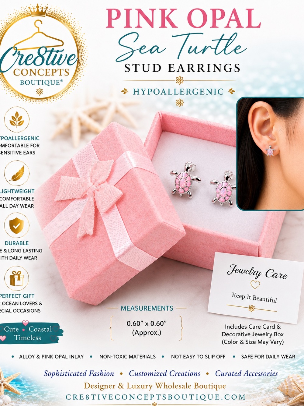 Pink Opal Sea Turtle Stud Earrings | Hypoallergenic Silver